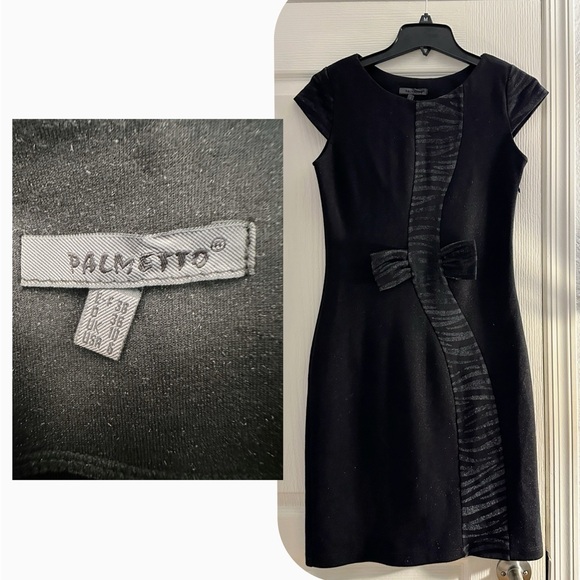 Black Cap Sleeve Sheath Dress with Front Textured Bow Accent Zebra-Print Stripe - Picture 4 of 11